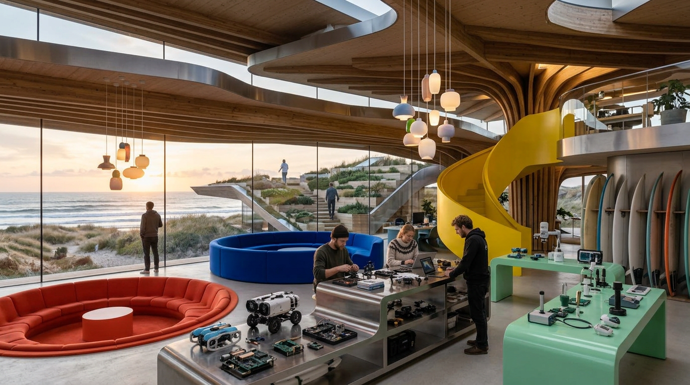 Visualisering af et futuristisk kyst-lab i Klitmøller med organiske tagflader, farverige samtaleområder og maritim robotteknologi