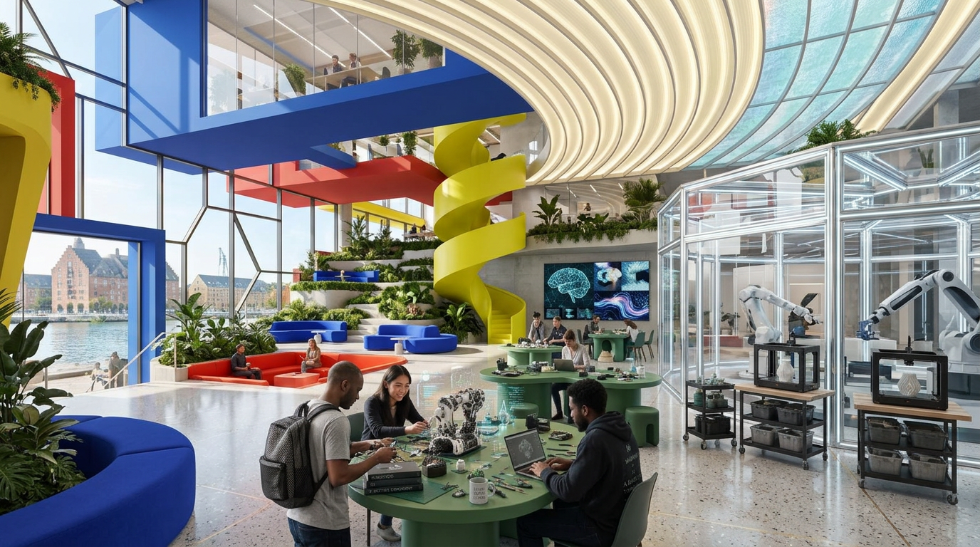 Visualisering af et futuristisk makerspace ved havnen med svævende etager, Bauhaus-farver, skulpturelle møbler og robotlaboratorier