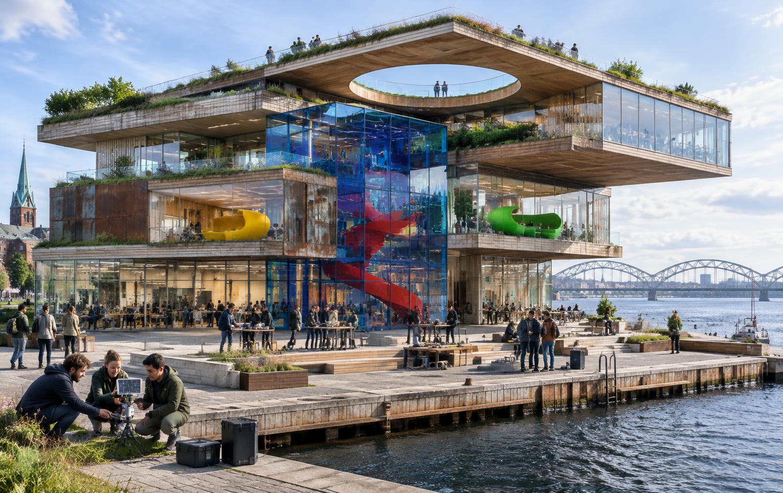 Visualisering af innovationshus ved Limfjorden i Aalborg med udkragede etager og et blåt glasatrium