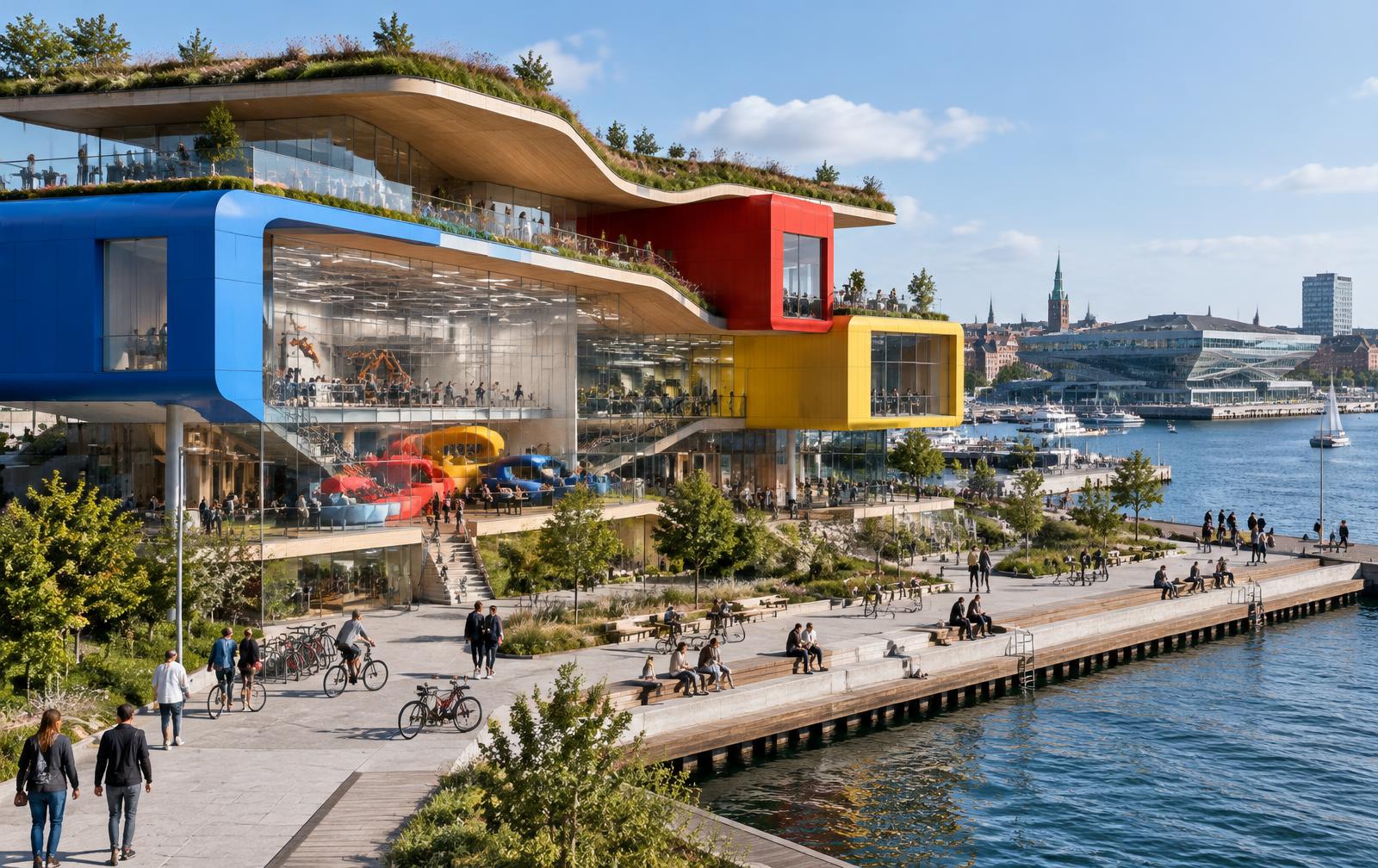 Visualisering af futuristisk makerspace ved Aarhus havn med farverige bygningsvolumener og grønne tagterrasser