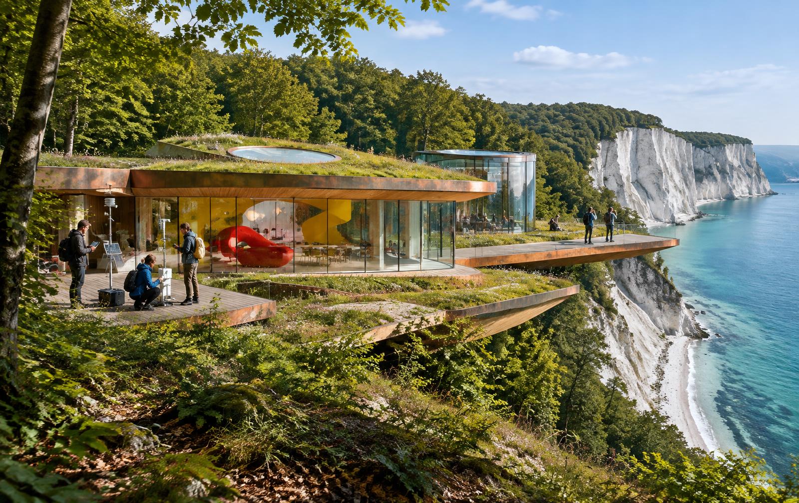 Visualisering af et lavt futuristisk natur-lab i landskabet ved Møns hvide klinter og bøgeskov